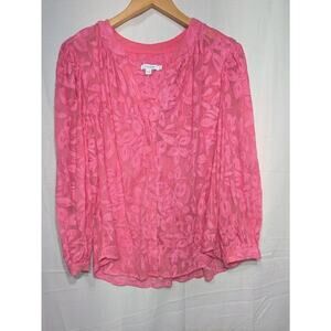 Chicos Women's Pink‎ Floral Embroidered Blouse Sz 3(16) Boho Peasant Semi Sheer